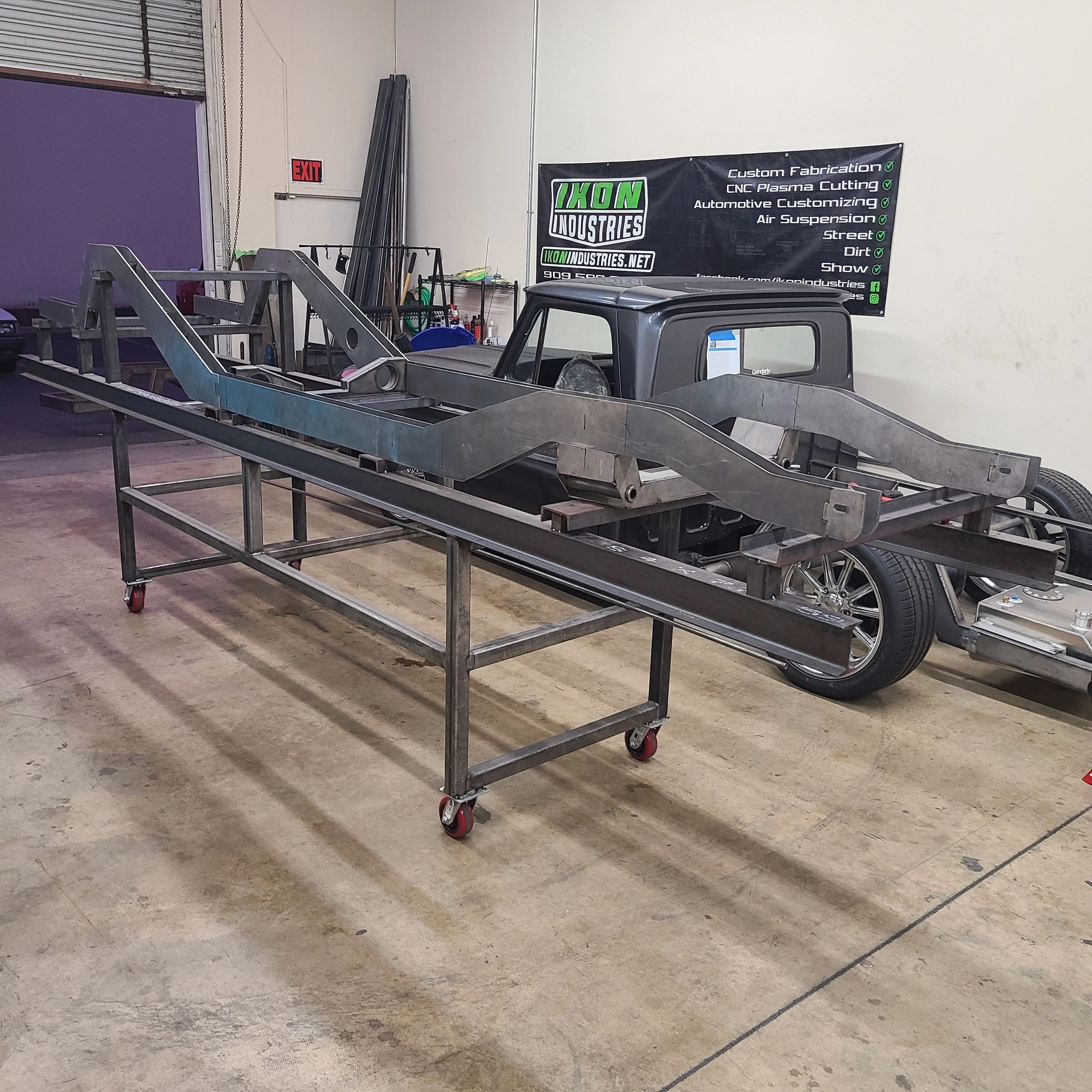 Custom chassis frame mocked up on jig table Ikon Industries Ontario CA